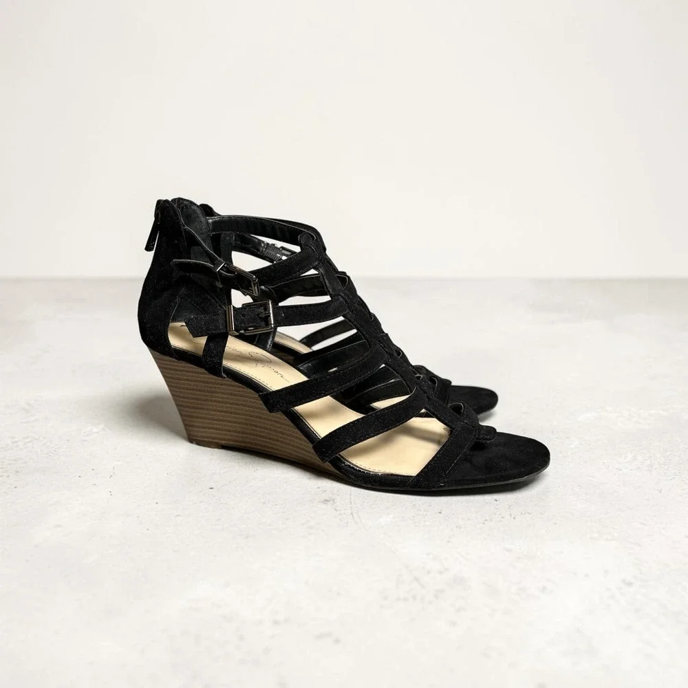 Jessica Simpson Wedge Sandals 8 Black Gladiator Strappy Cage Heels Night Out